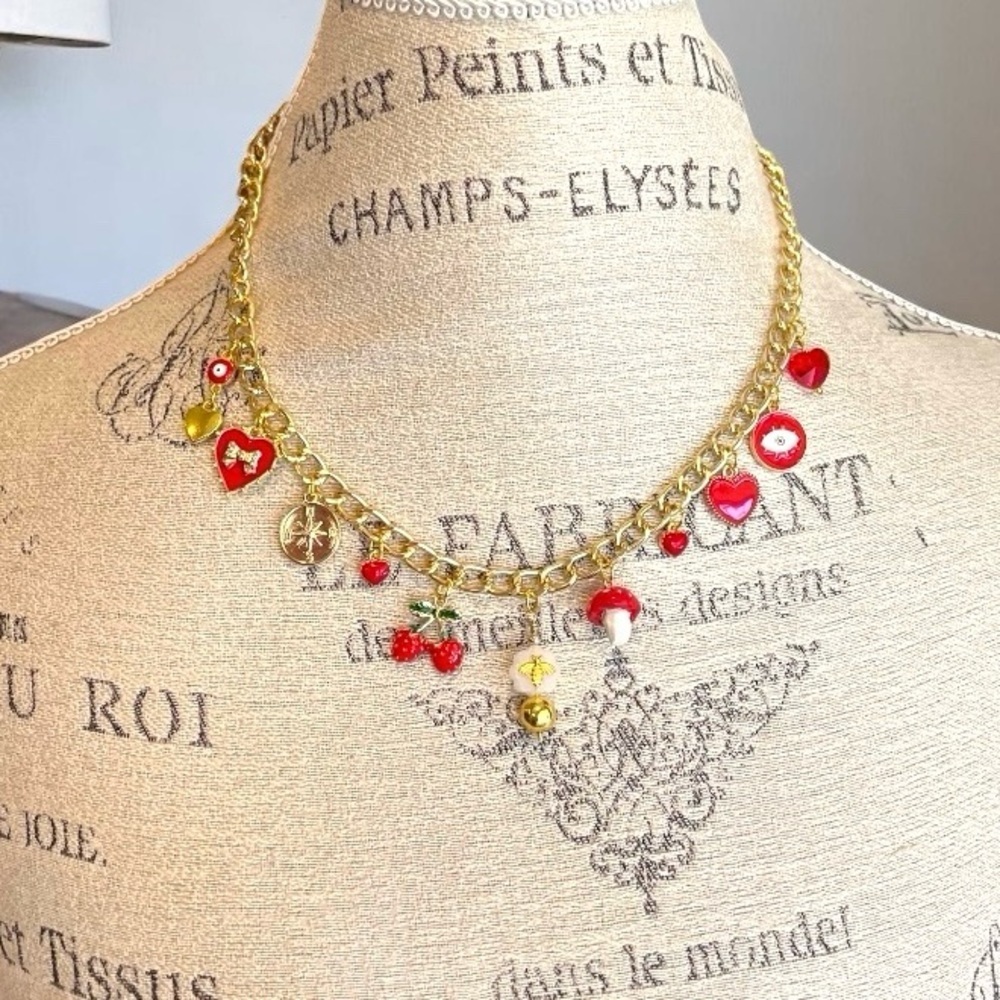 Gold Toned and Red Charm Necklace Enamel Glass Ceramic Crystal 20” - Picture 3 of 17